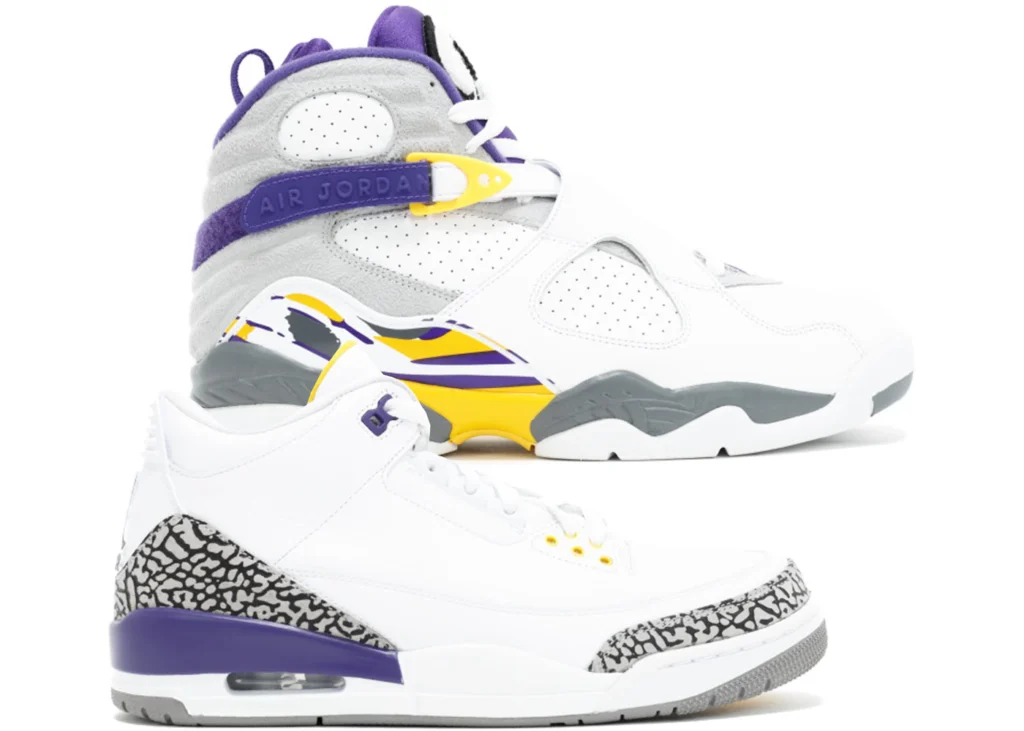 13. Air Jordan x Kobe Pack 3/8 O Air Jordan 3/8 Retro ‘Kobe Pack’ homenageia a carreira de Kobe Bryant. Distribuído em 2016 apenas para amigos e familiares, inclui dois pares com colorways inspirados no Los Angeles Lakers.