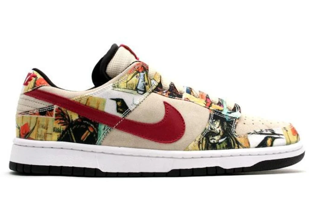 6. Nike Dunk Low Paris O Nike Dunk Low Paris de 2003 tem apenas 202 pares, cada um com painéis únicos da arte de Bernard Buffet, tornando-os verdadeiras obras de arte.