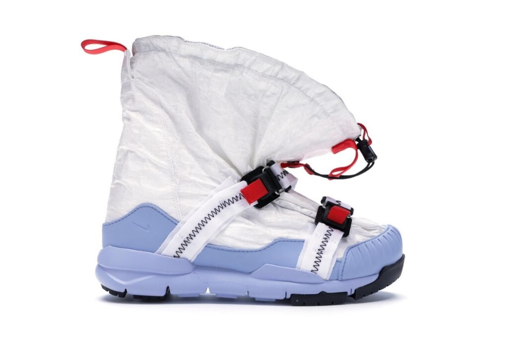 Created by Tom Sachs, Nike Mars Overshoes. The Mars Yard sneaker comes with a white upper with red accents, a blue Nike "Swoosh", a blue midsole, and a blue and black outsole. These sneakers were released in January 2019 and sold for $550.