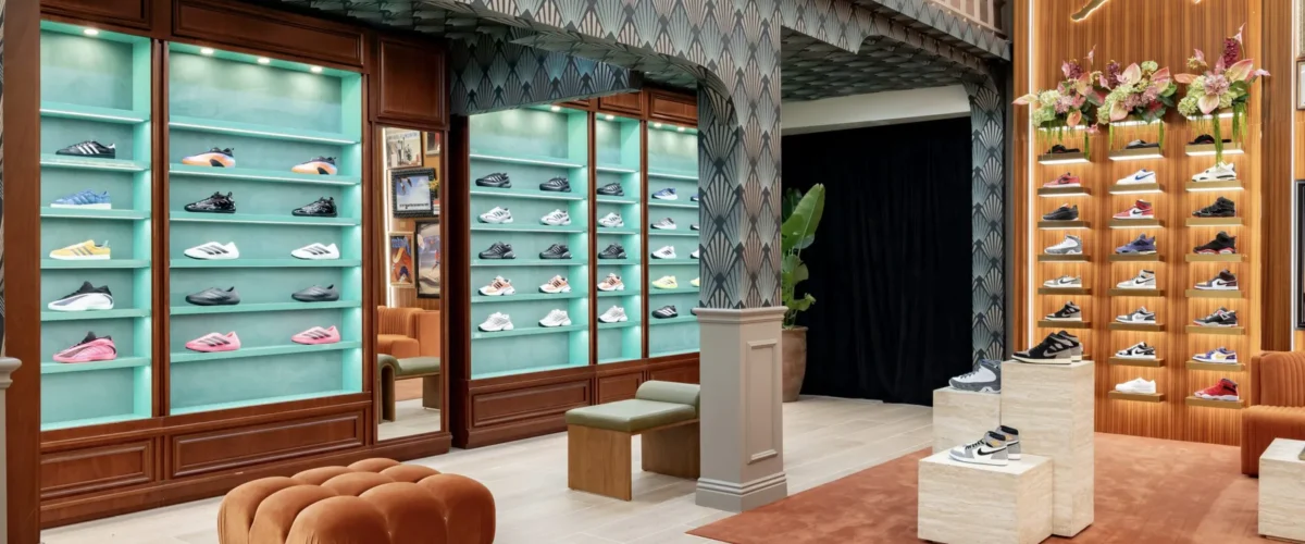 Exhibidores de tenis y asientos tapizados dentro de la tienda Shoe Palace Melrose Nine Three en Los Ángeles.