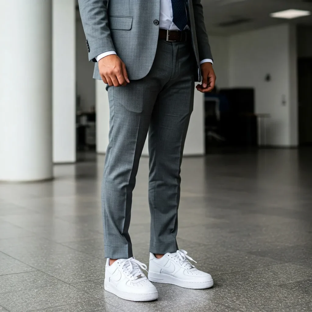 Office outfit with business casual clothing paired with clean white Nike Air Force 1 Low sneakers