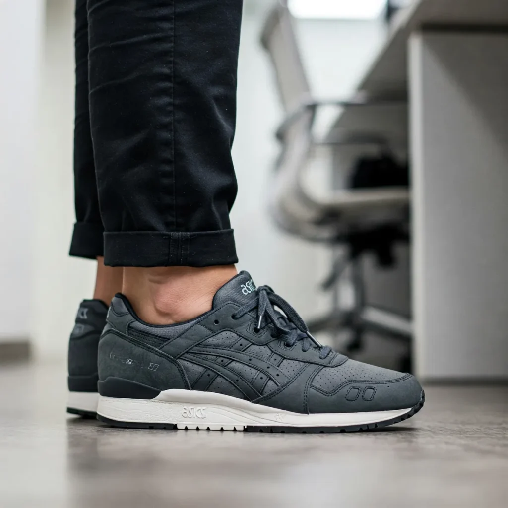 Office outfit with business casual clothing paired with Asics Gel-Lyte III sneakers