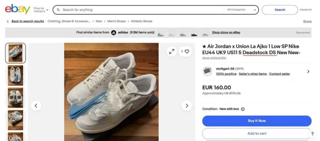 example of a shoe ad with the DS - Deadstock acronym