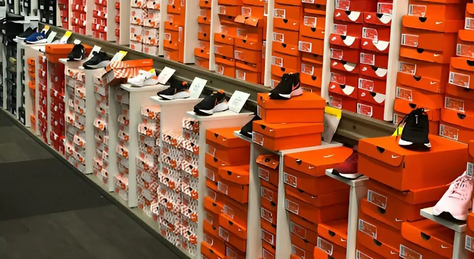 Aisle with hundreds of shoe boxes and styles at DSW in Miami