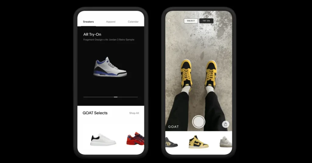 Image of the GOAT app with augmented reality feature showing how sneakers look on your feet via the phone camera