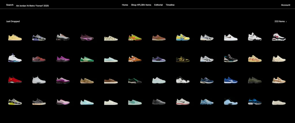 Image of the GOAT website showcasing a wide variety of sneakers