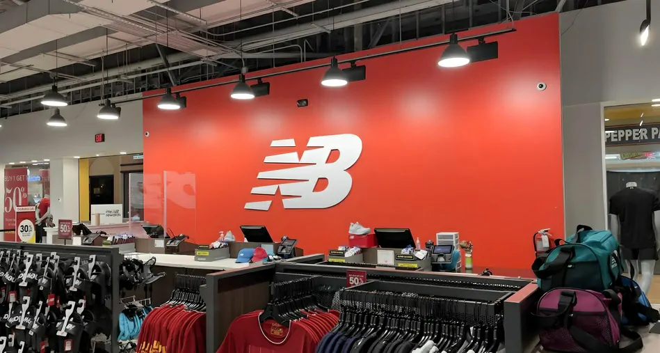 Inside view of New Balance Factory Store with various products at discounted prices