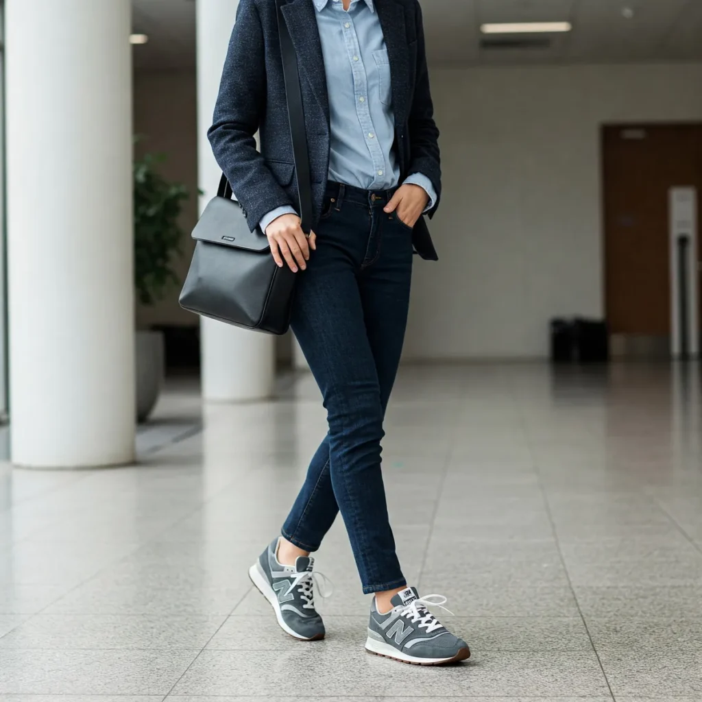 Office outfit with a blazer, dress shirt, and jeans paired with New Balance 574 sneakers