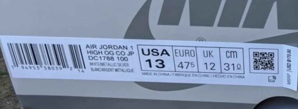 example of an Air Jordan label with the Co.JP acronym