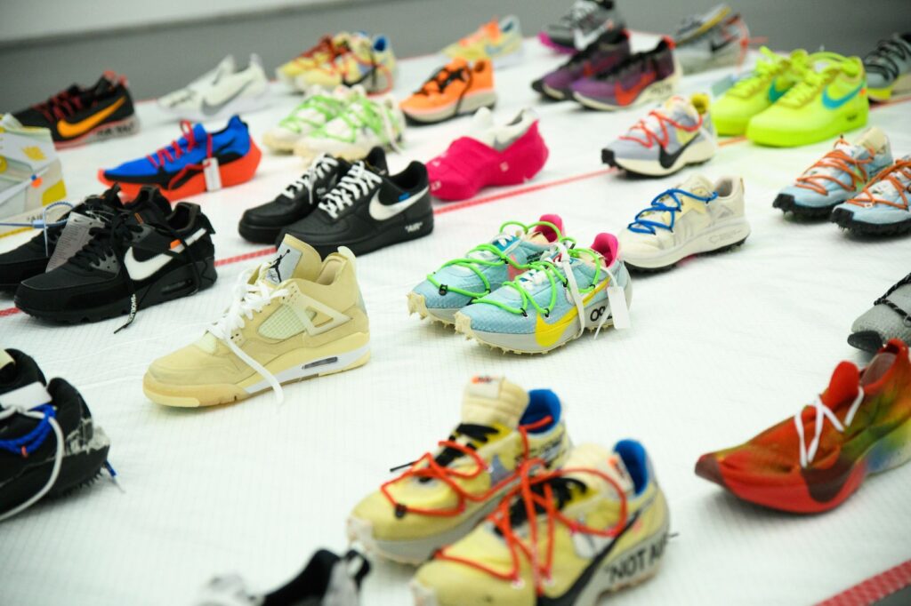 some pairs of nike sneakers in different colorways created in collaboration with Off-White after The Ten