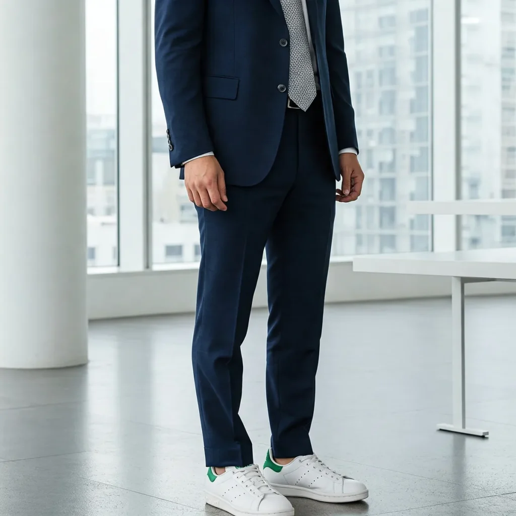 Office outfit with business casual clothing paired with white Adidas Stan Smith sneakers with subtle green accents