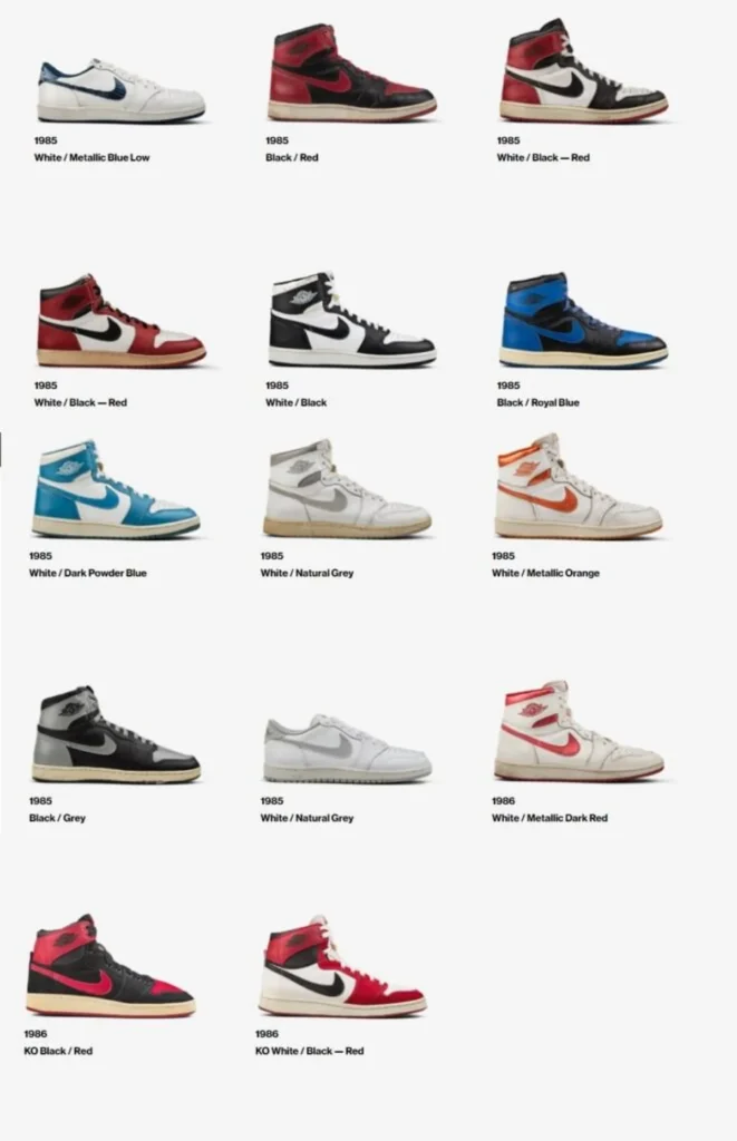 A poster with images of the main colorways of the Air Jordan 1 High, Low, and K.O with their historic colors!