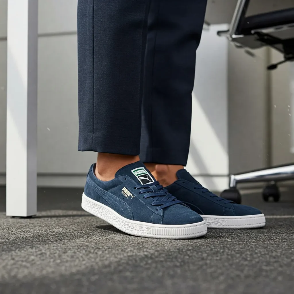 Office on-feet look with business casual clothing paired with Puma Suede sneakers and low-profile socks
