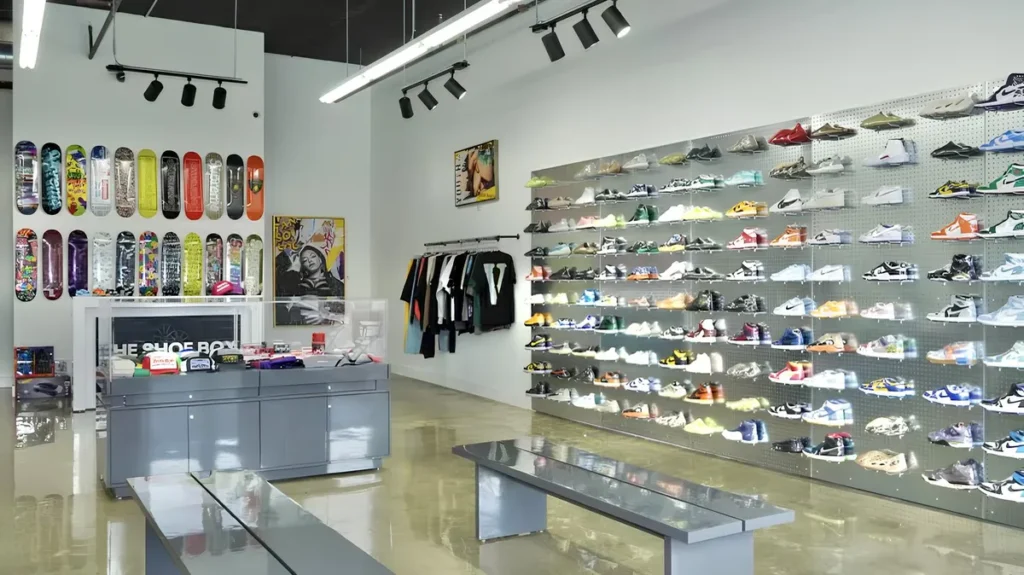 Interior de The Shoe Box Miami en Wynwood con zapatillas raras y streetwear