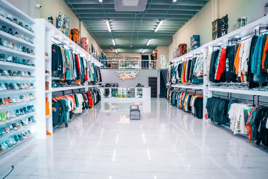Interior de Token Miami en Allapattah con zapatillas premium y streetwear