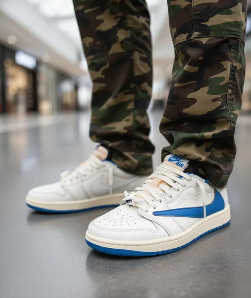Air Jordan 1 Low OG Travis Scott x Fragment 2025 white lace on feet