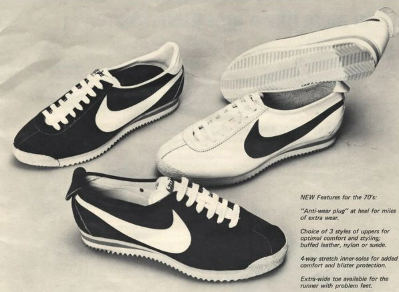 Archival Nike Cortez advertisement showing three uppers and a herringbone outsole