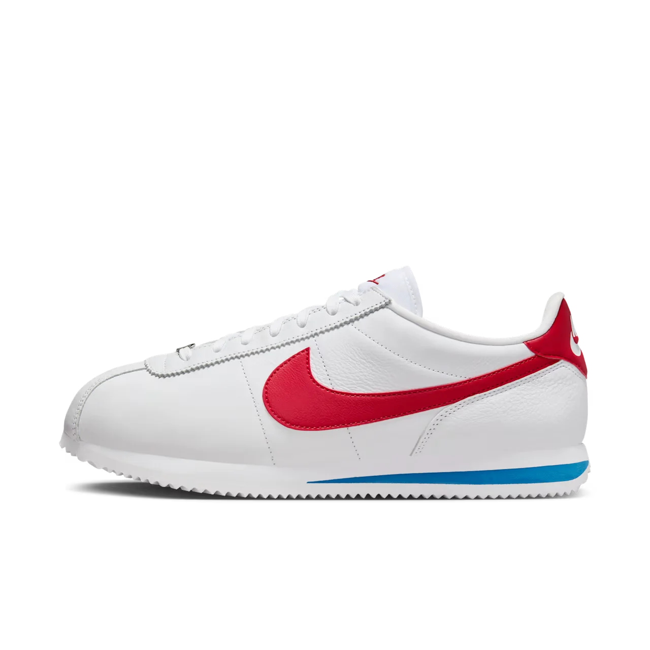 White Nike Cortez with a red Swoosh and blue midsole accent