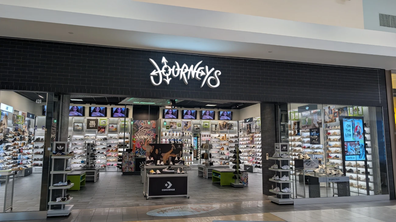 Journeys entrance with shoe displays visible inside