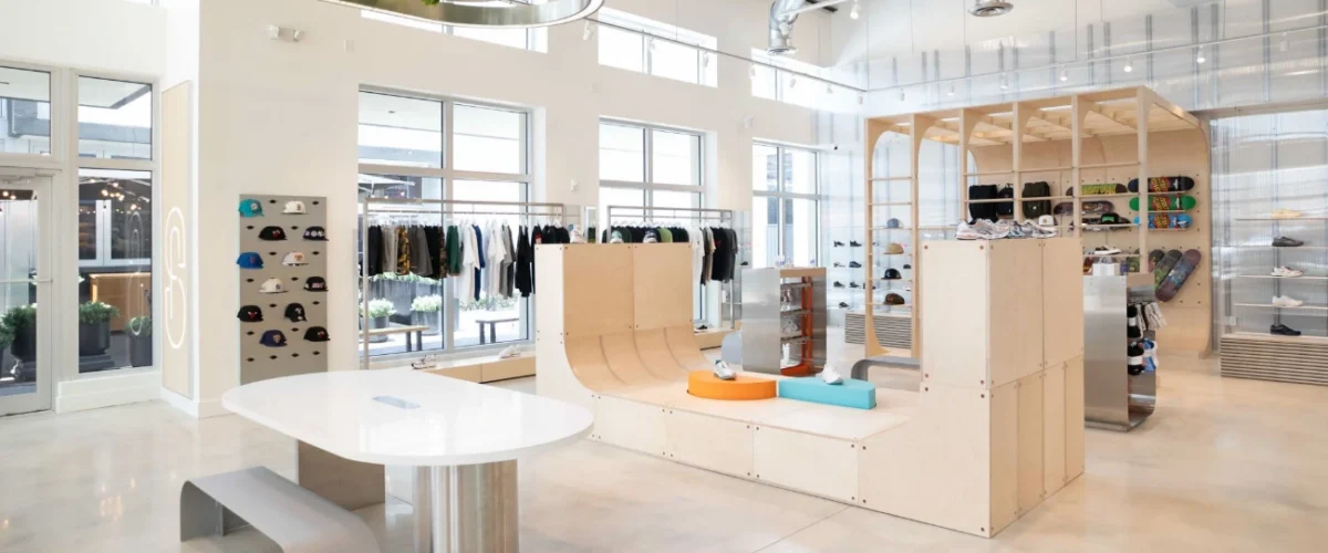 Notre entrance in Chicago, with illuminated display windows, dark framing and steps leading toward the store.