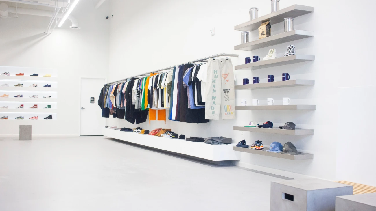 Bright white boutique interior with wall-mounted sneakers, clothing rails and concrete seating.