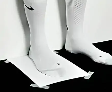 Foot on a sheet of paper against a wall for measuring Nike shoe size